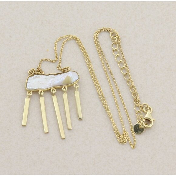 Gold Over Sterling Silver Natural Keshi Pearl Dangle Necklace 16" to 18" - Picture 3 of 8